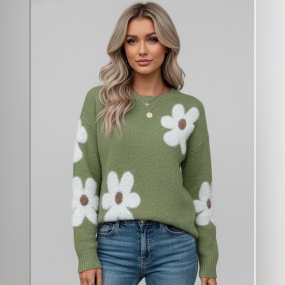Green Fuzzy Floral Pattern Drop Shoulder Sweater - Picture 1 of 9
